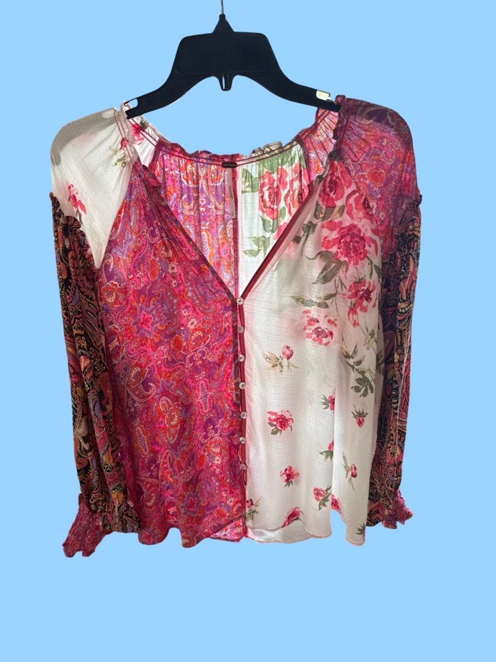Free People Mixed Floral & Paisley Button-Front Blouse in Pink and Cream